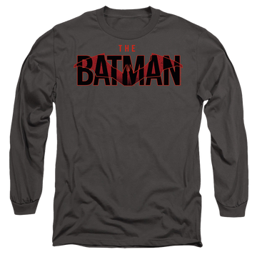 Charcoal men's long sleeve t-shirt with The Batman (2022) Logo With Red Bat graphic