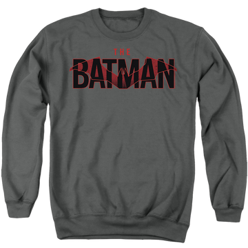 Charcoal men's crewneck sweatshirt with The Batman (2022) Logo With Red Bat graphic
