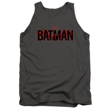 Charcoal men's tank with The Batman (2022) Logo With Red Bat graphic