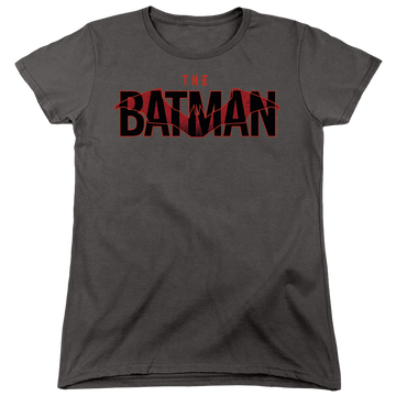 Charcoal women's t-shirt with The Batman (2022) Logo With Red Bat graphic