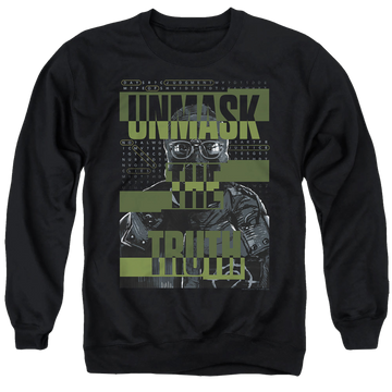 Black men's crewneck sweatshirt with The Batman (2022) Unmask The Truth graphic