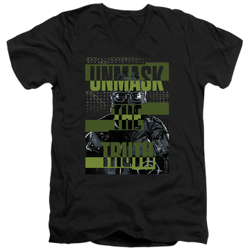 Black men's v-neck t-shirt with The Batman (2022) Unmask The Truth graphic