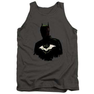 Charcoal men's tank with The Batman (2022) Silhouette With Riddler Logo graphic