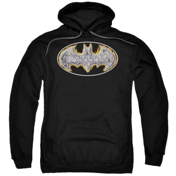 Black pullover hoodie with Batman Steel Fire Shield graphic
