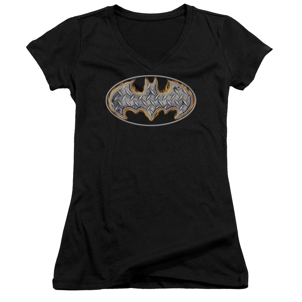 Batman Steel Fire Shield - Juniors V-Neck T-Shirt Juniors V-Neck T-Shirt Batman