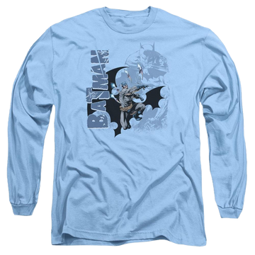 Carolina blue men's long sleeve t-shirt with Batman Throwing Blades graphic