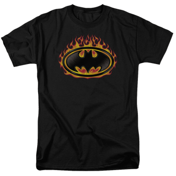 Black men's regular fit t-shirt with Batman Bat Flames Shield graphic