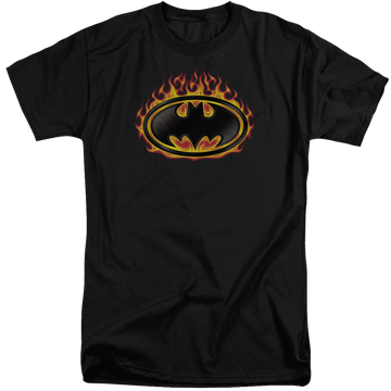 Black men's tall fit t-shirt with Batman Bat Flames Shield graphic