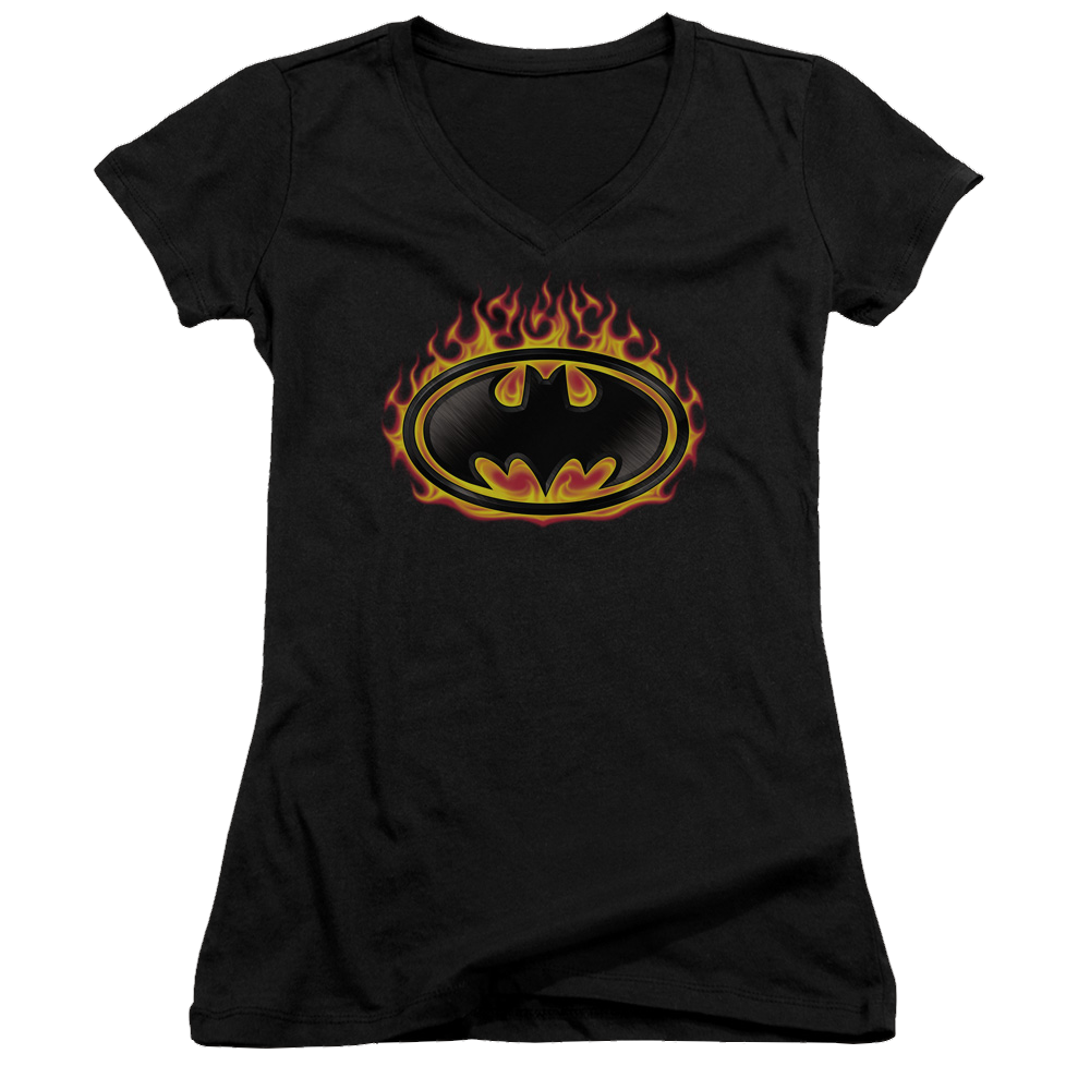 Batman Bat Flames Shield - Juniors V-Neck T-Shirt Juniors V-Neck T-Shirt Batman