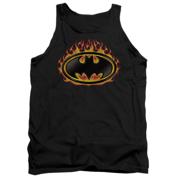 Black men's tank with Batman Bat Flames Shield graphic