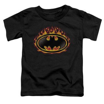 Black toddler t-shirt with DC Batman Bat Flames Shield graphic