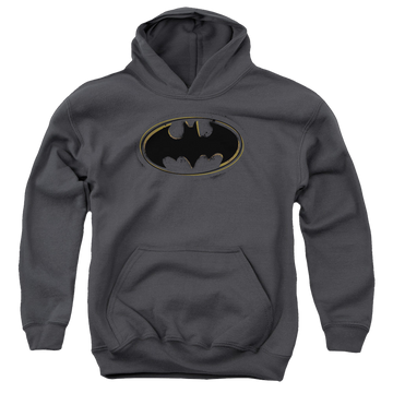 Charcoal youth hoodie for ages 8 to 12 with DC Batman Spray Paint Logo graphic