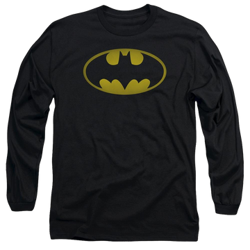 Black men's long sleeve t-shirt with Batman Washed Bat Logo graphic