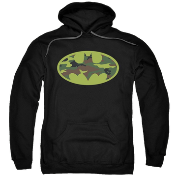 Black pullover hoodie with Batman Camo Logo graphic