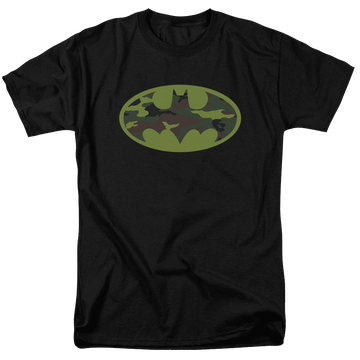 Black men's regular fit t-shirt with Batman Camo Logo graphic