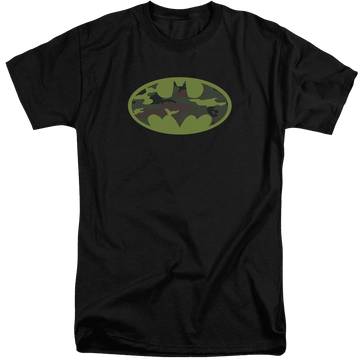 Black men's tall fit t-shirt with Batman Camo Logo graphic