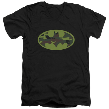 Black men's v-neck t-shirt with Batman Camo Logo graphic