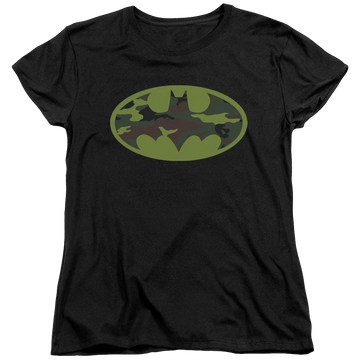 Black women's t-shirt with Batman Camo Logo graphic