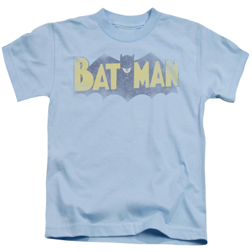 Light blue kid's t-shirt for ages 4 to 7 with DC Batman Vintage Logo graphic
