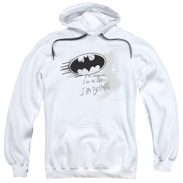 White pullover hoodie with Batman I Am Vengeance graphic