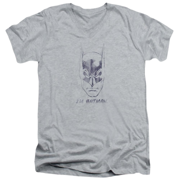 Athletic heather men's v-neck t-shirt with Im Batman graphic