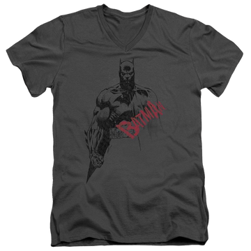 Charcoal men's v-neck t-shirt with Batman Sketch Bat Red Logo graphic