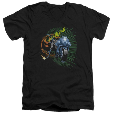 Black men's v-neck t-shirt with Batman Batcycle graphic