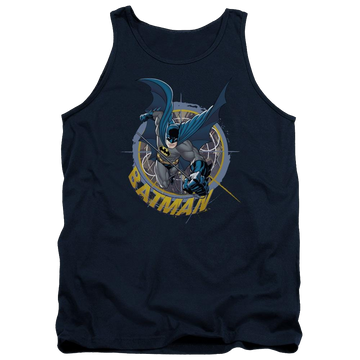 Navy men's tank with Batman In The Crosshairs graphic