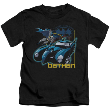 Black kid's t-shirt for ages 4 to 7 with DC Batman Nice Wheels graphic