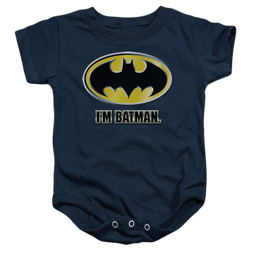 Navy baby bodysuit with DC Batman Im Batman graphic