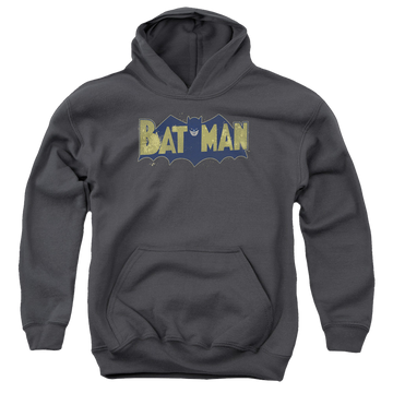 Charcoal youth hoodie for ages 8 to 12 with DC Batman Vintage Logo Splatter graphic