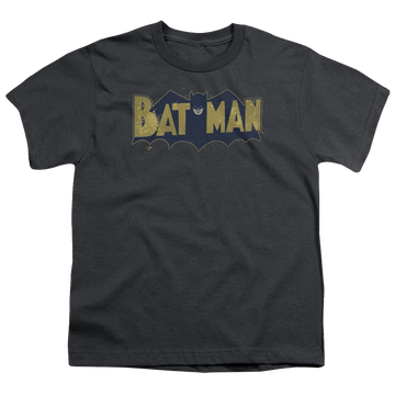 Charcoal youth t-shirt for ages 8 to 12 with DC Batman Vintage Logo Splatter graphic