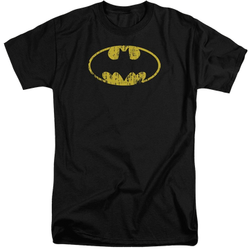 Black men's tall fit t-shirt with Batman Classic Logo Distressed graphic