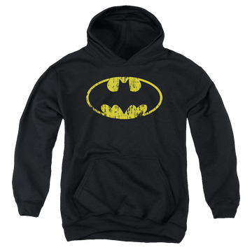 Black youth hoodie for ages 8 to 12 with DC Batman Classic Logo Distressed graphic