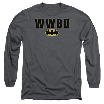 Charcoal men's long sleeve t-shirt with Batman Wwbd Logo graphic