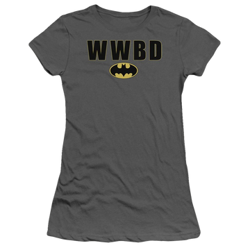 Charcoal juniors t-shirt with Batman Wwbd Logo graphic