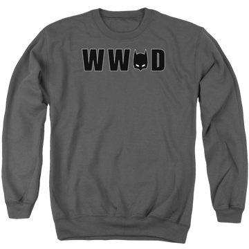 Charcoal men's crewneck sweatshirt with Batman Wwbd Mask graphic