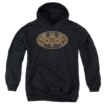 Black youth hoodie for ages 8 to 12 with DC Batman Aztec Bat Logo graphic