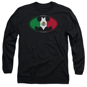 Black men's long sleeve t-shirt with Batman Mexican Flag Shield graphic