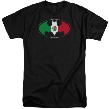 Black men's tall fit t-shirt with Batman Mexican Flag Shield graphic