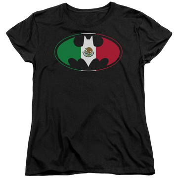 Black women's t-shirt with Batman Mexican Flag Shield graphic