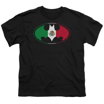 Black youth t-shirt for ages 8 to 12 with DC Batman Mexican Flag Shield graphic
