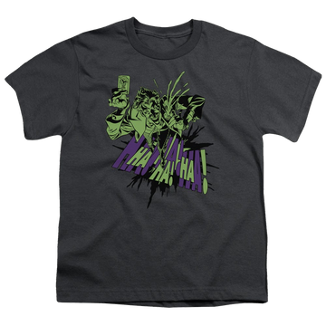 Charcoal youth t-shirt for ages 8 to 12 with DC Batman Smell My Flower graphic