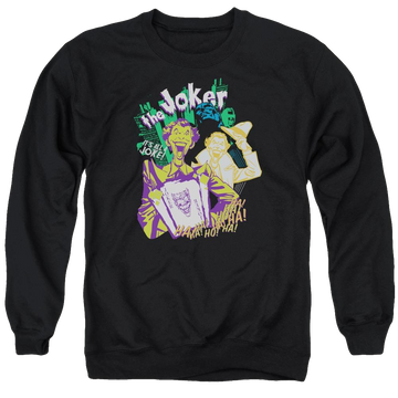 Black men's crewneck sweatshirt with Batman It's All A Joke graphic