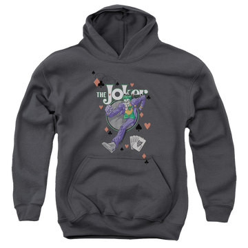Charcoal youth hoodie for ages 8 to 12 with Always A Joker graphic