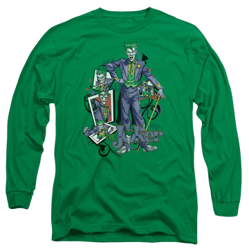 Kelly green men's long sleeve t-shirt with Batman Wild Cards graphic