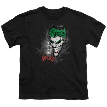 Black youth t-shirt for ages 8 to 12 with Joker Sprays The City graphic