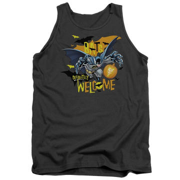 Charcoal men's tank with Batman Bats Welcome graphic