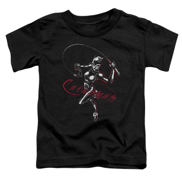 Black toddler t-shirt with Catwoman Kitten With A Whip graphic