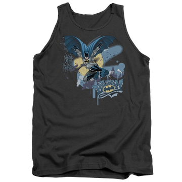 Charcoal men's tank with Batman Into The Night graphic